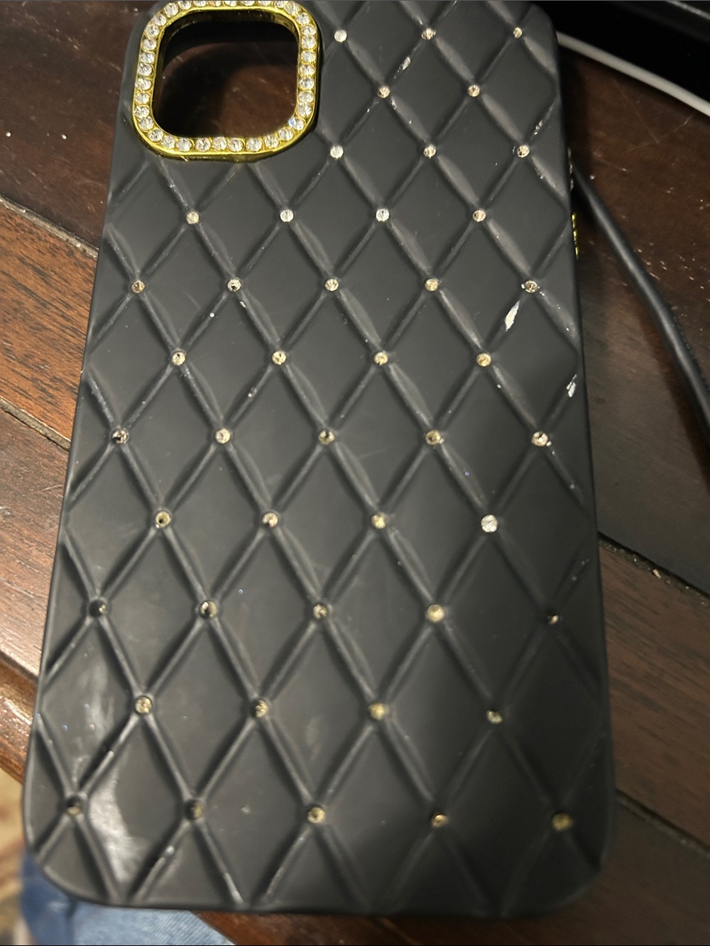 iPhone 11 case. Black Quilted Diamond Phone Case with Gold Rhinestone Accent